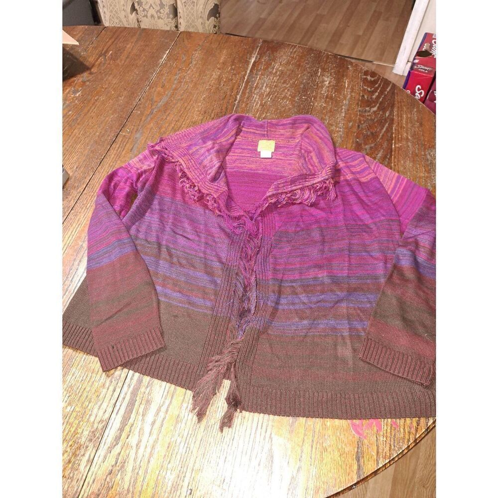 PL Ruby Rd Petite Pink Purple Grey Fringe Lapel Open Front Knit Sweater Cardigan